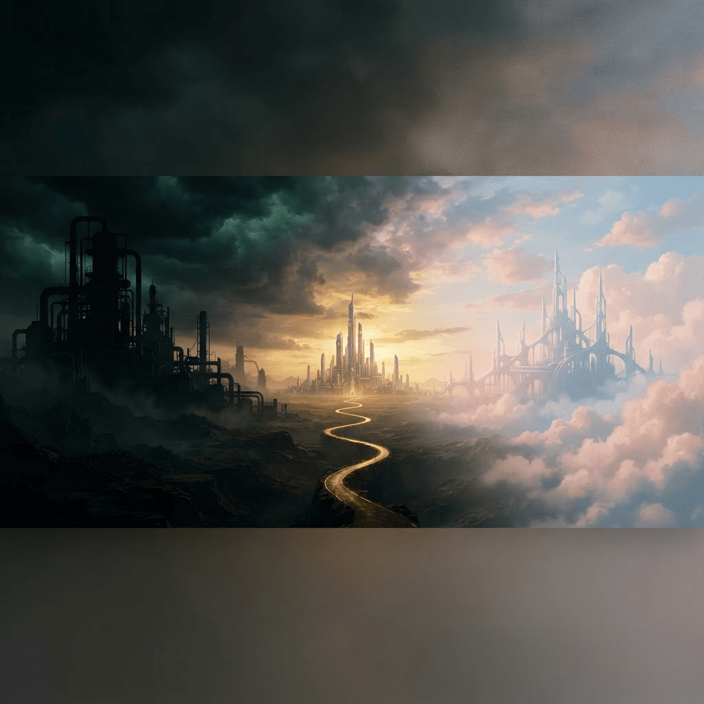 A cinematic horizon connecting a dark industrial landscape to a luminous city and a bright atmospheric future