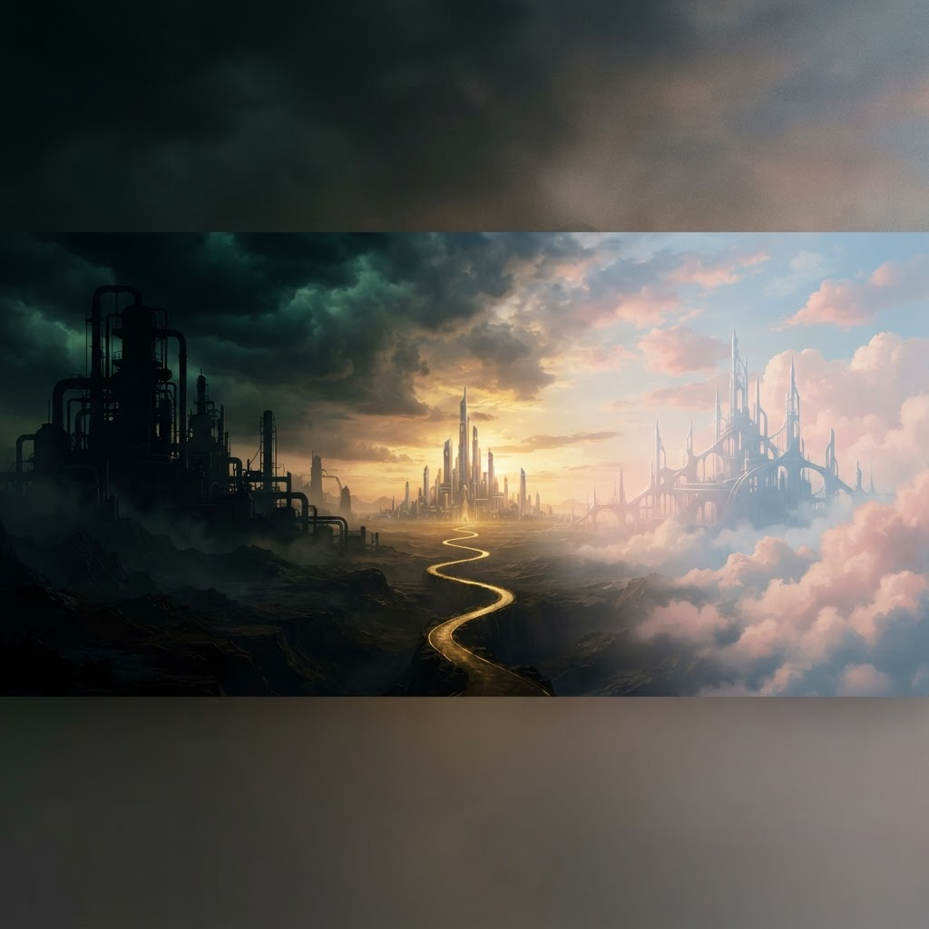 A cinematic horizon connecting a dark industrial landscape to a luminous city and a bright atmospheric future